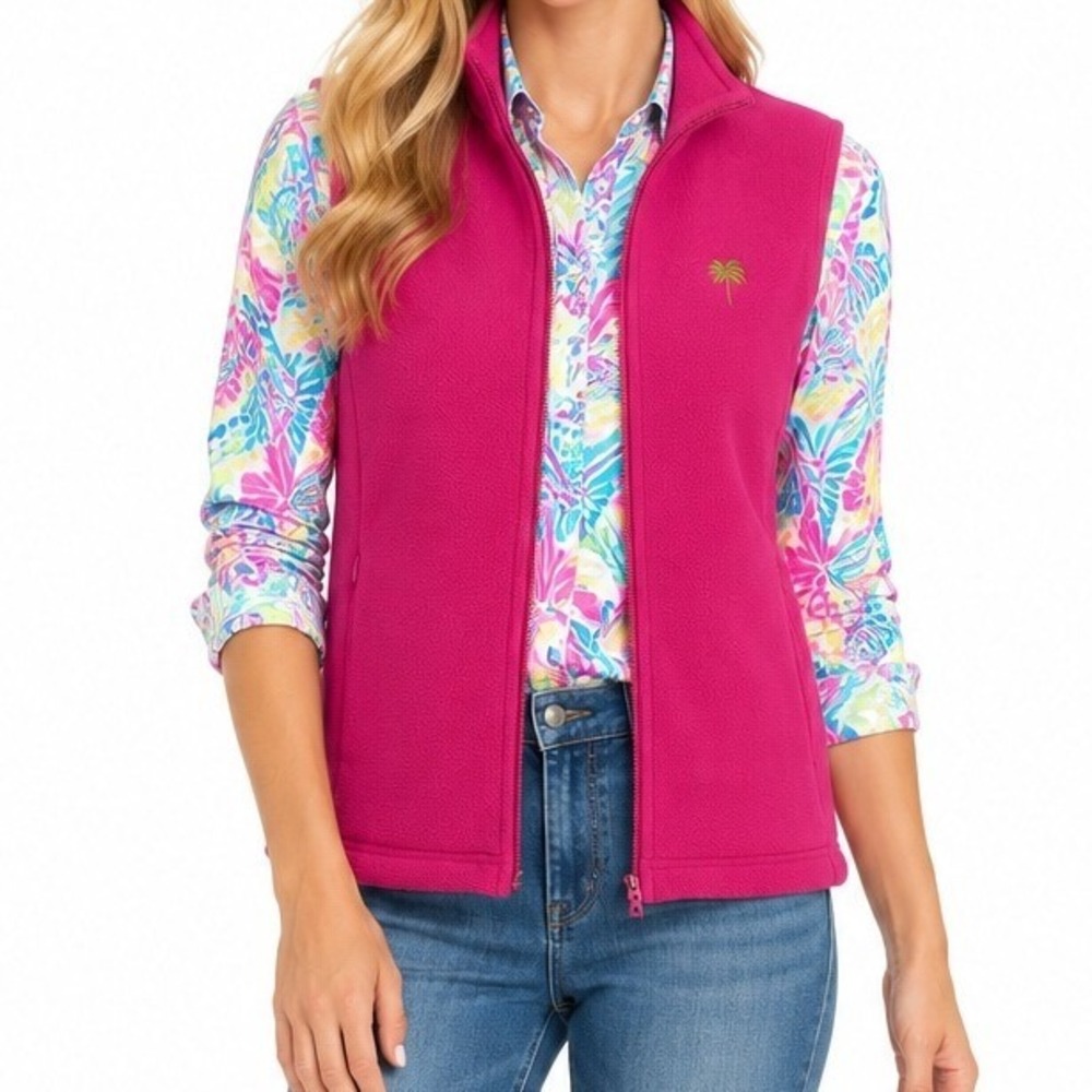 Lilly Pulitzer Fleece Vest Women Small Pink Full Zip Palm Tree